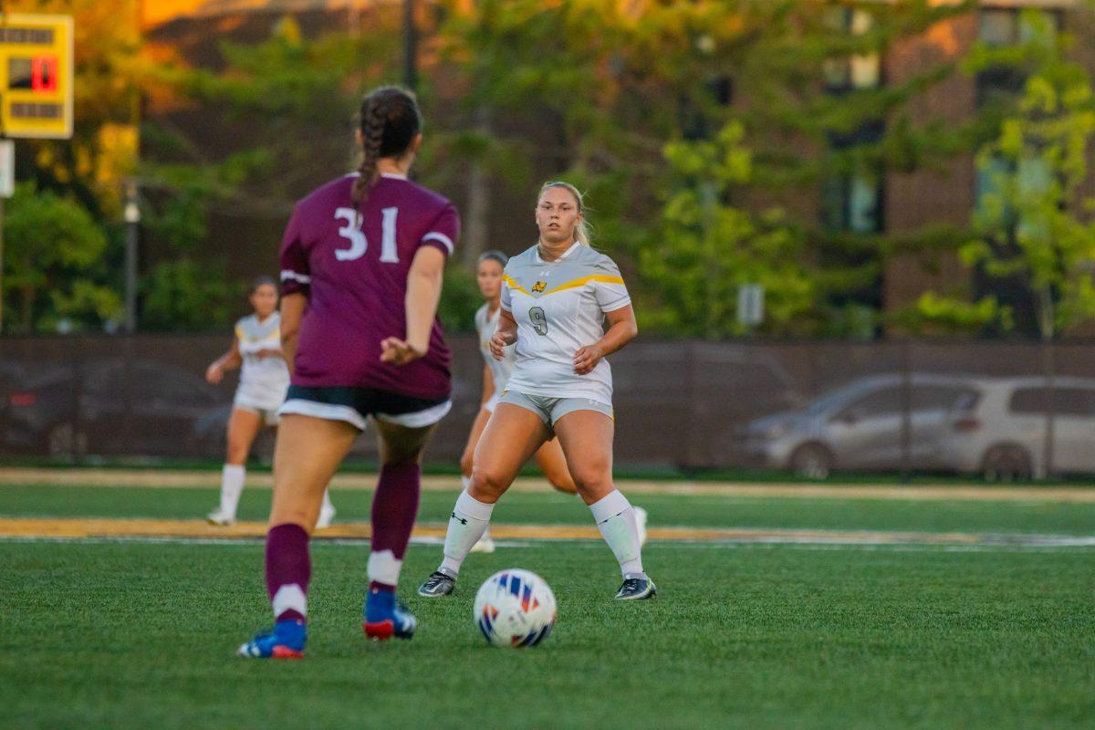 Mackenzie Clement looks to defend a pass. Clement scored two goals in the team's win over Rutgers-Camden. Wednesday, Sept. 13, 2023. - Photo via Lee Kotzen