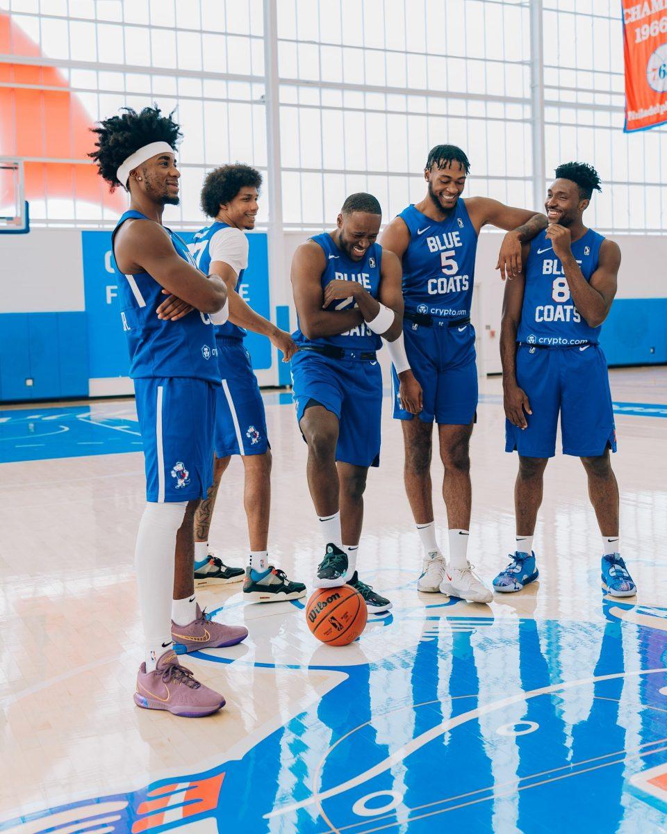 (Left to right) David Duke Jr., Patrick McCaw, Jared Brownridge, Derek Culver, and Aminu Mohammed laugh together during the Blue Coats Media Day. McCaw, Brownridge, Culver, and Mohammed are the only four players returning from last year's championship team. - Wednesday, Nov. 8, 2023. - Photo via Zion Cruz