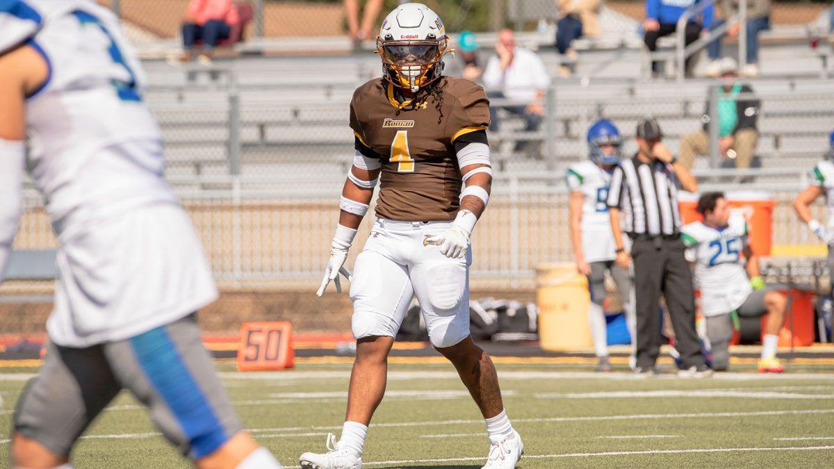 Jason Blanks gets ready to line up in coverage. Blanks forced two turnovers in Saturday's 16-6 win. - Photo via Rowan Athletics