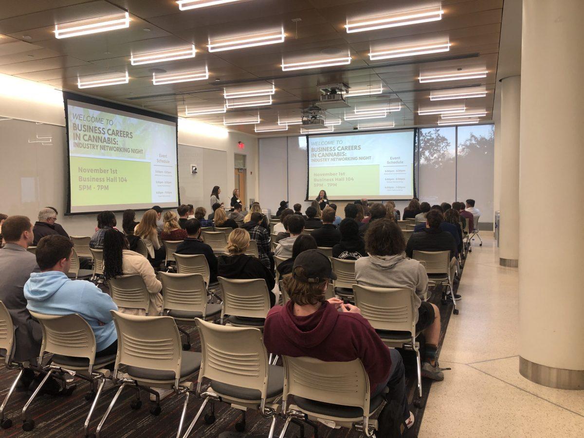 Students listen to the opening presentation of Careers in Cannabis Night. - Staff Writer / Jose Ascencio