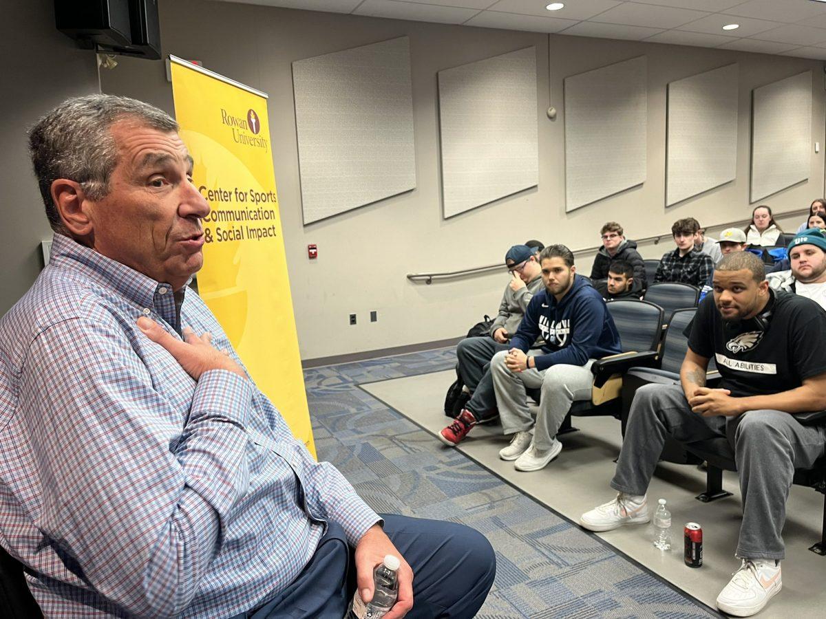 Angelo Cataldi speaks to students at Pizza With The Pros. - Photo via @RowanSportsCaM on X