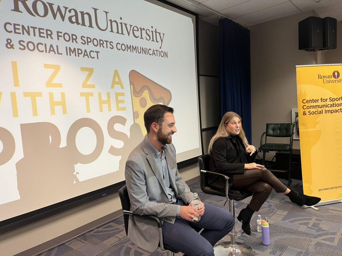 Dillon Siddiqi and Rebecca Sulzbach lead the conversation at Pizza With The Pros. - Photo via RowanSportsCaM on X