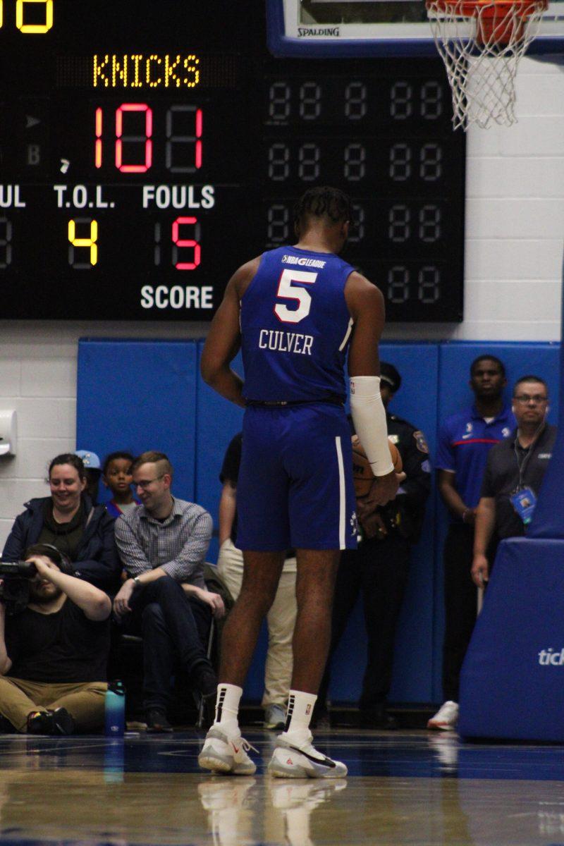 Derek Culver gets ready to shoot a free throw. Culver helped the Blue Coats shut down Skyhawks' center Chris Silva on Saturday. - Friday, Nov. 10, 2023. - Photo via Payton Tuorto