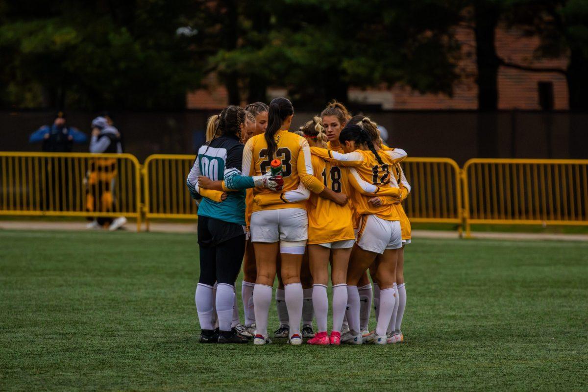 Rowan Women's Soccer huddles up before a game. The team lost the NJAC Championship game. - Tuesday, Oct. 31, 2023. - Photo via Lee Kotzen