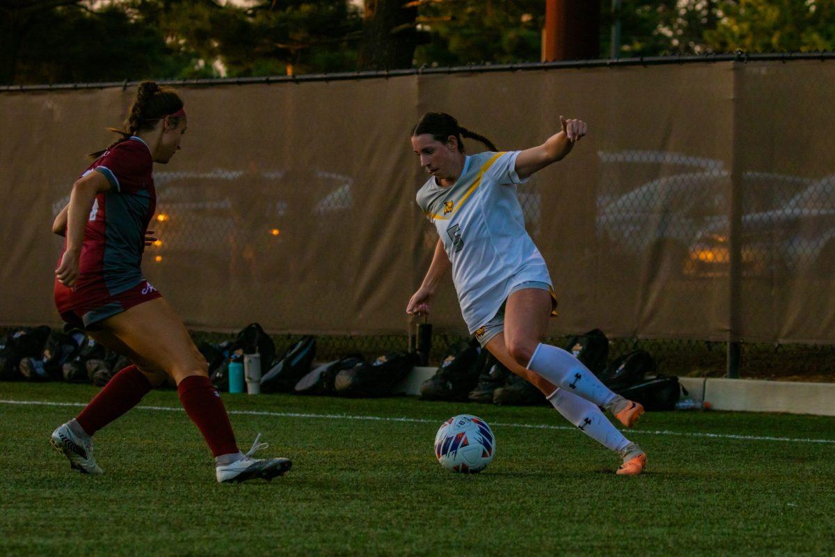 Gabby Dean goes to cross up a defender. Dean scored two goals in the win over NJCU. - Saturday, Sept. 2, 2023. - Photo via Lee Kotzen