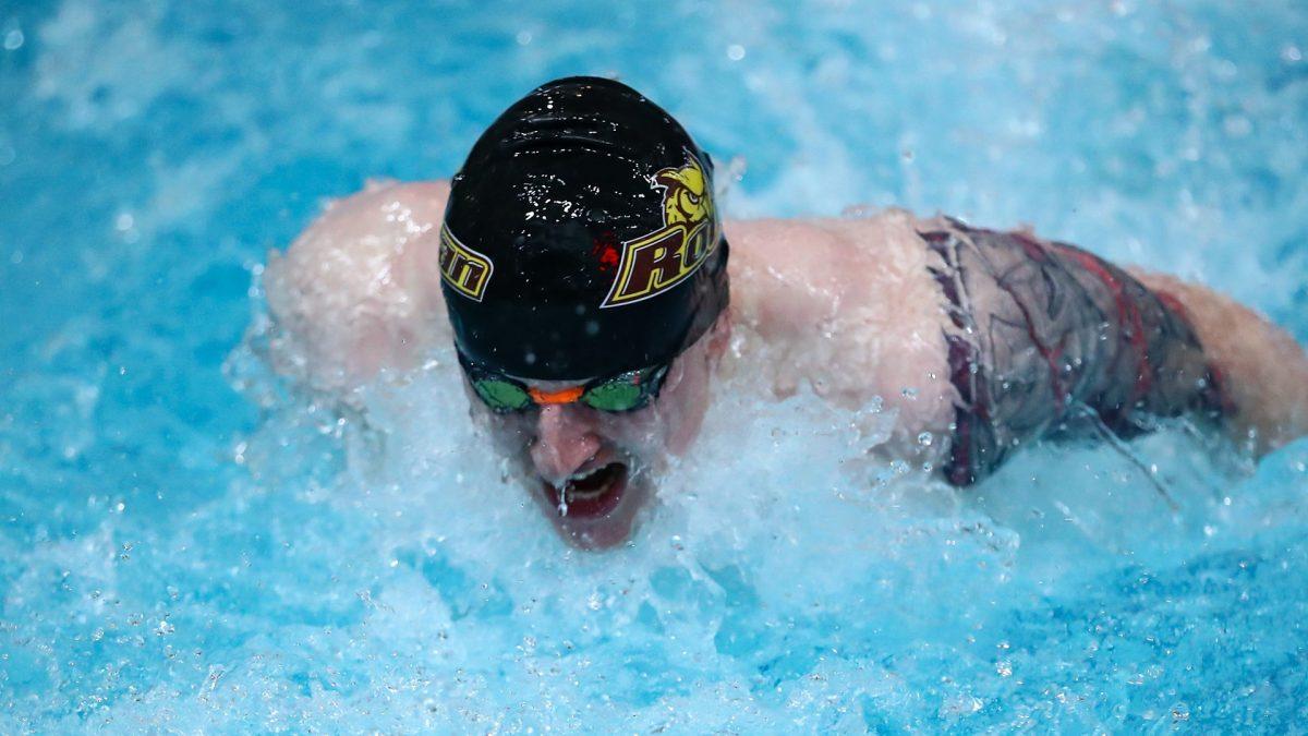 Henry Lynch competes in a race. Lynch was a part of the 200 medley relay team that recorded first in the Franklin and Marshall Invitational. - Photo via Rowan Athletics