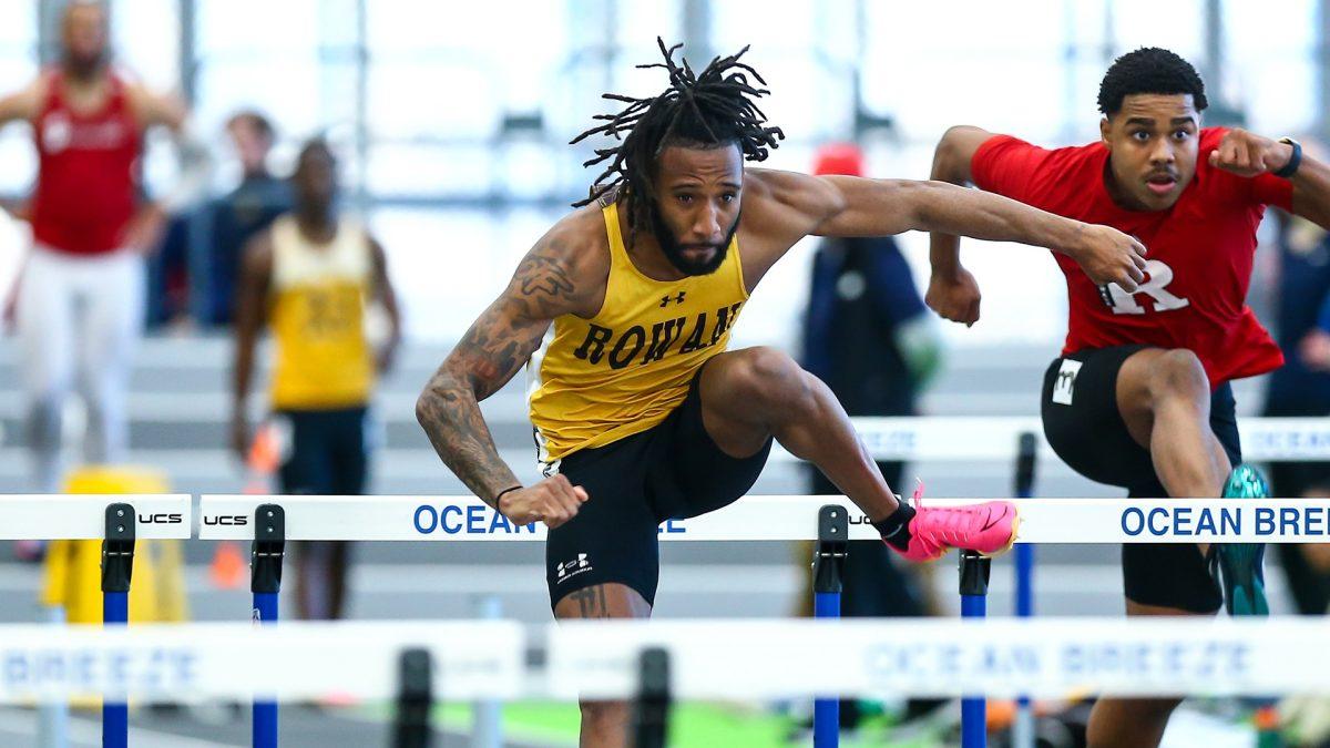 Marquise Young competes in the 60 meter hurdle. The senior placed first in the event at the FastTrack Season Opener on Friday, Dec. 1. - Photo via Rowan Athletics