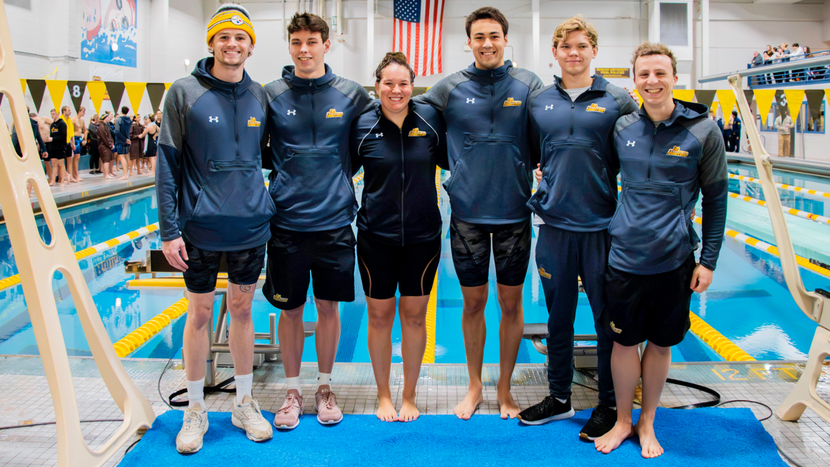 (Left to right) Jack Watson, Alex Volin, Paul Riter, Danny Dubij, and Michael Fracchiolla are honored before the meet as the team's seniors. - Photo via Rowan Athletics