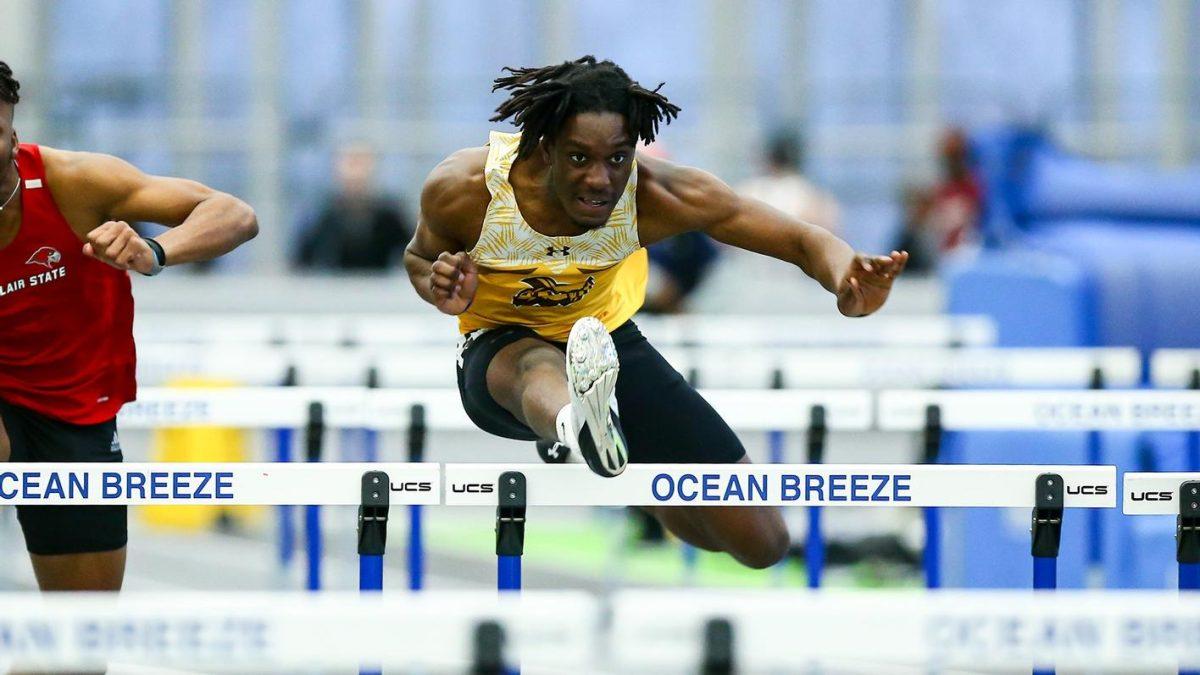 Jason Agyemang competes in the 60-meter hurdle. The sophomore set two personal records at the Villanova Invitational on Saturday, Jan. 20. - Photo via Rowan Athletics