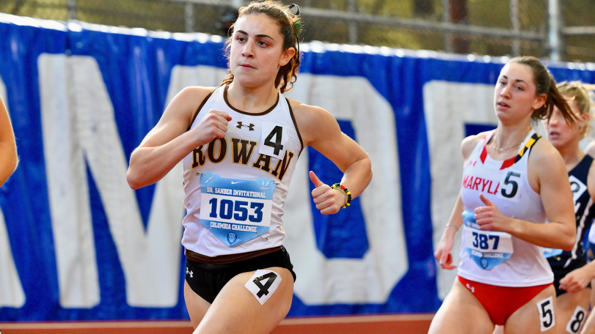 Anna Sasse races to the finish line. Sasse set a new indoor PR in the 800 meter over the weekend. - Photo via Rowan Athletics