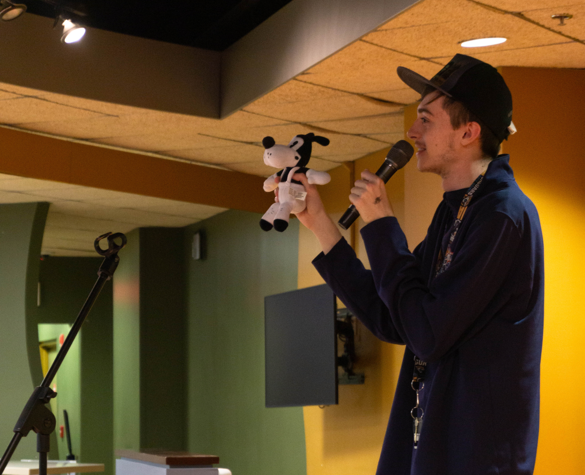 "Dan Collins is a senior here at Rowan University, and his stand-up comedy act is more than unique. Collins took the stage with his comedy routine alongside several of his plushie toys." - Contributor / Kayla Tursi