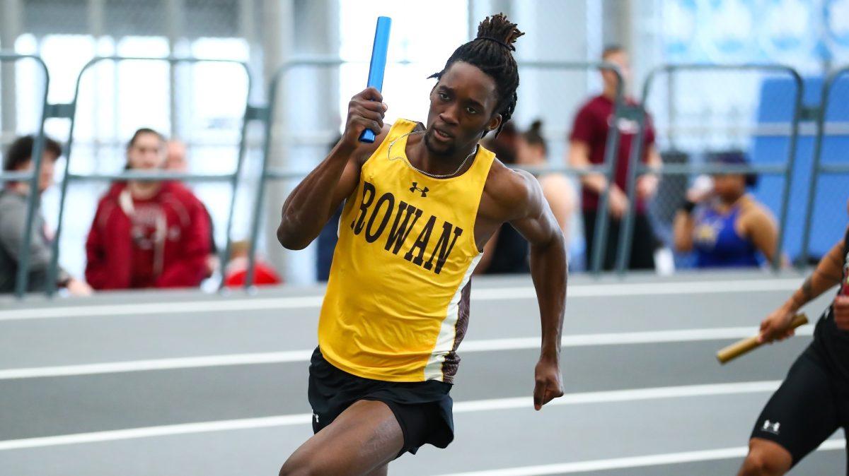 Jason Agyemang races to the finish line. The sophomore hurdler put forth one of the best performances on the team over the weekend. - Photo via Rowan Athletics