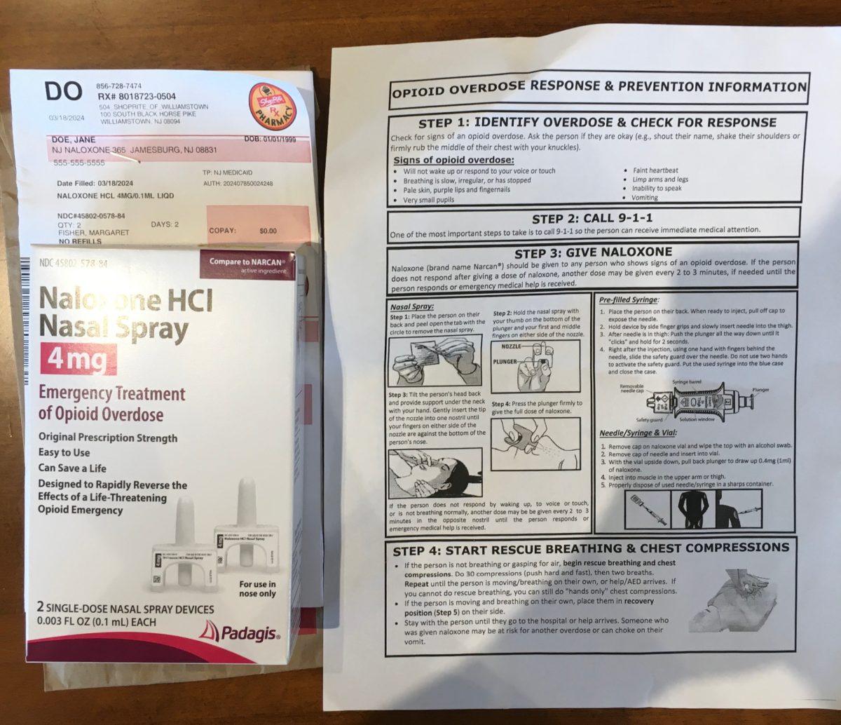 Twiford's Narcan package with instructions beside it. - Managing Editor / Abigail Twiford 