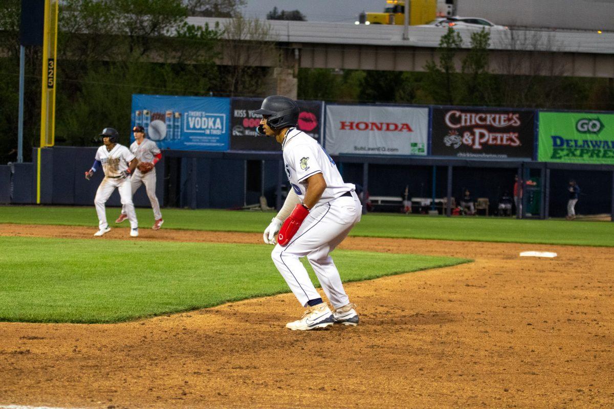 Daylen Lile takes his lead off of first base. Lile stole a base against the Drive on Thursday. - Wednesday, April 17, 2024. - Photo via Payton Tuorto