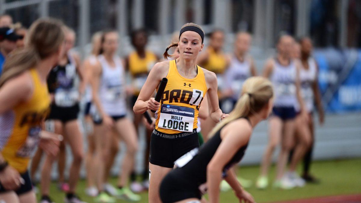 Molly Lodge runs in a race. Lodge placed first in the 400m and 200m. - Photo via Rowan Athletics