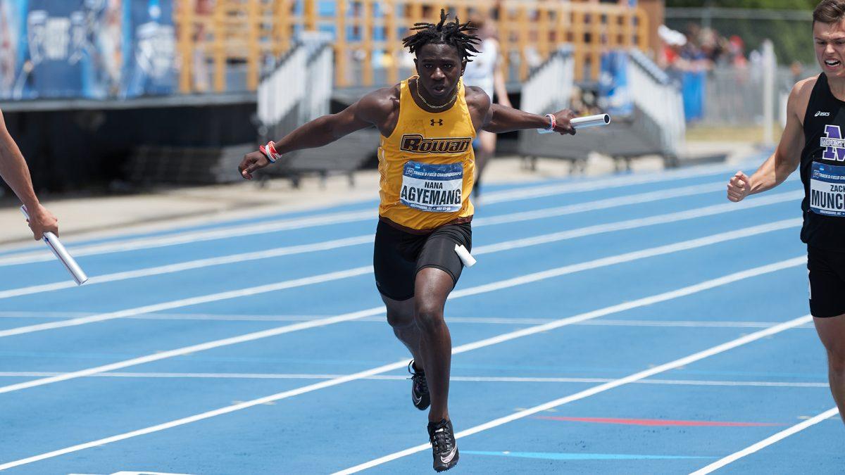 Nana Agyemang races through the finish line. Agyemang was apart of the 4x100 relay team that placed sixth at the Michael Johnson Invitational at Baylor University. - Photo via Rowan Athletics