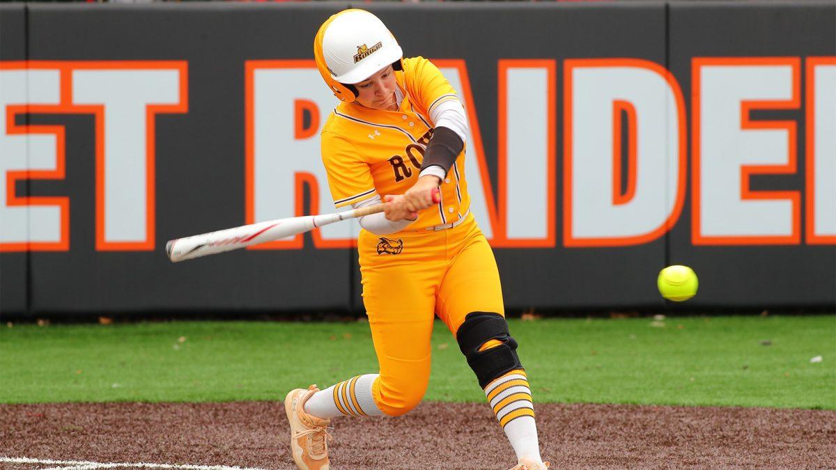 Payton MacNair swings at a pitch. MacNair recorded a new single-game career-high in RBI during the Profs' second game of a doubleheader. - Photo via Rowan Athletics