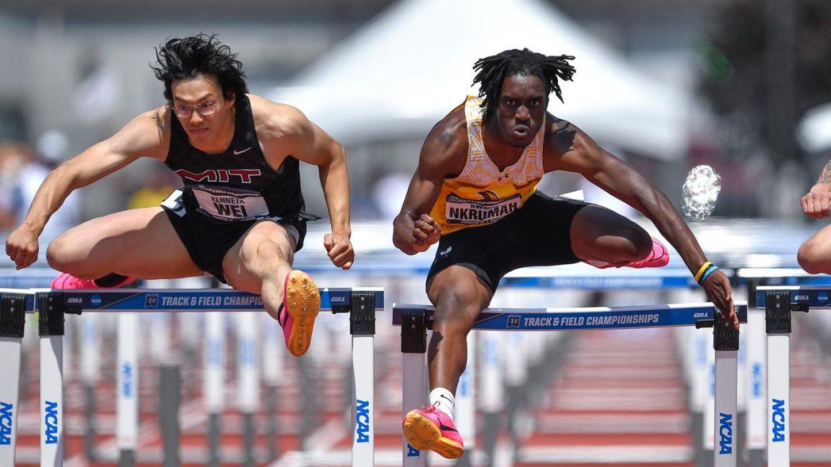 Kwaku Nkrumah competes in the hurdle. The sophomore placed first in the 110m hurdles at the Danny Curran Invitational. - Photo via Rowan Athletics