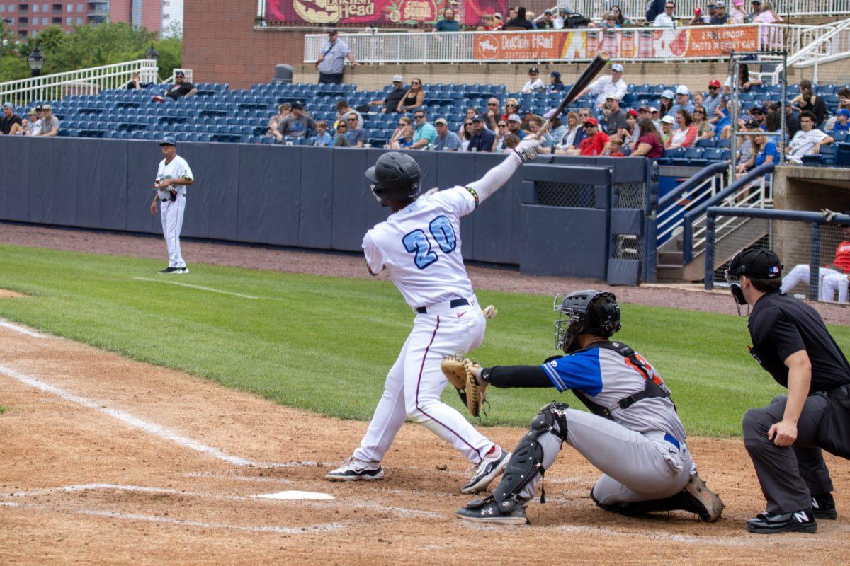 TJ White tracks the ball after his swing. White hit his fourth double of the year in the loss to Aberdeen. - Sunday, May 19, 2024. / Photo via Payton Tuorto