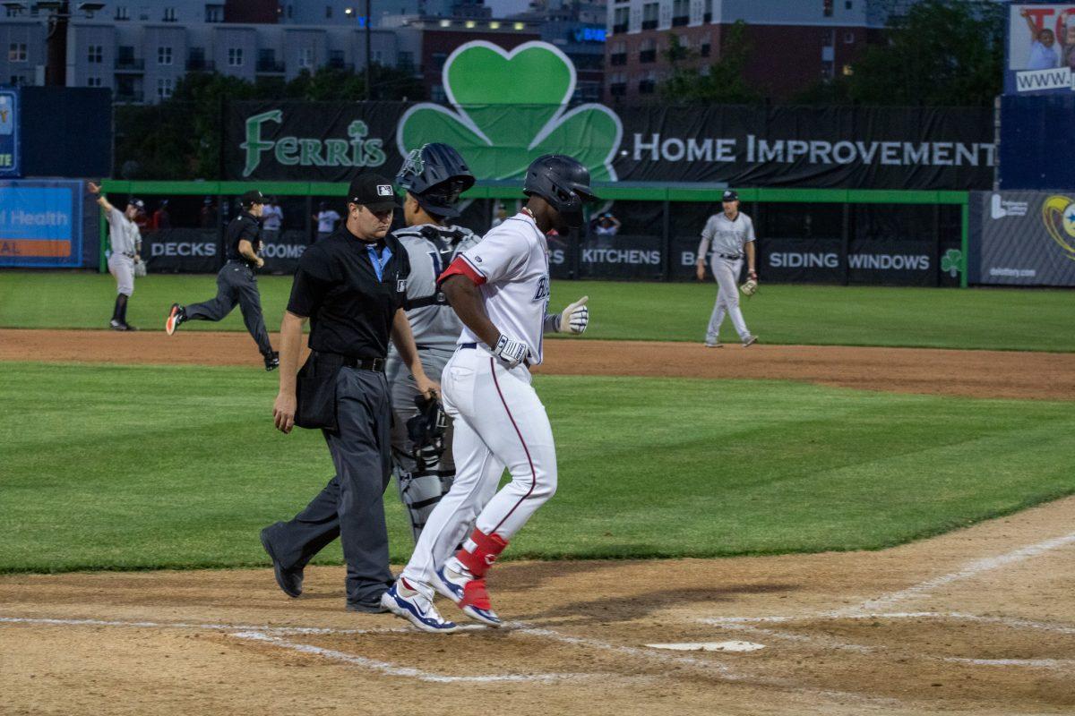 TJ White crosses home. White got the Rocks on the board first with a sacrifice fly. - Wednesday, May 1, 2024. / Photo via Payton Tuorto