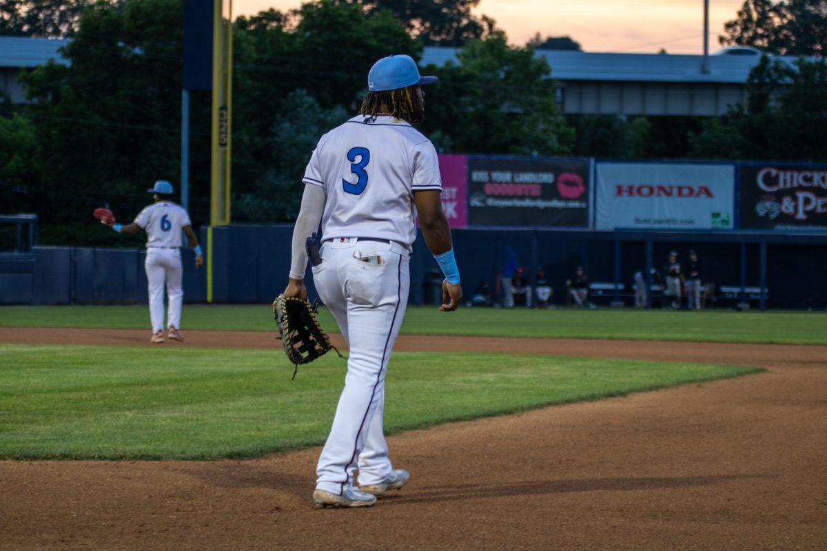 Trey Harris stands at first. Harris played first and third in the Blue Rocks 4-3 win over the Renegades. - Tuesday, June 4, 2024. / Photo via Payton Tuorto