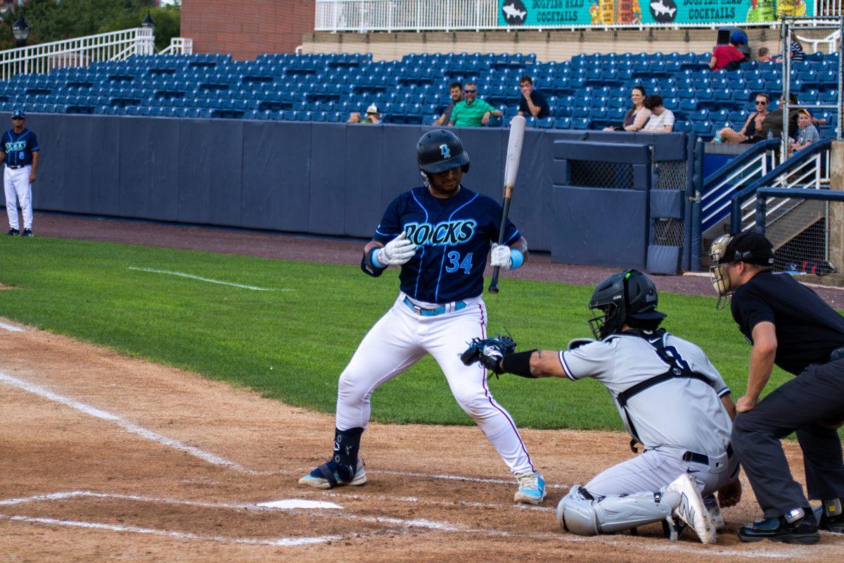 Maxwell Romero Jr. watches a pitch at the plate. The 23-year-old stayed hot on Wednesday, July 24, as he hit another home run and drove in two runs in the Blue Rocks' victory. - Tuesday, July 23, 2024 / Photo via Payton Tuorto