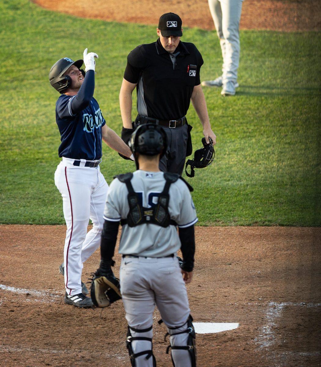 Matt Suggs celebrates a home run. Suggs was behind the plate during the Rocks' loss to the Renegades. - Photo via @WilmBlueRocks on X