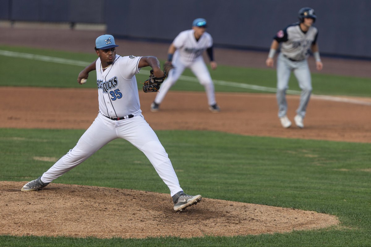 Jarlin Susana winds up to throw a pitch. The 20-year-old allowed four runs in 4.2 innings on Wednesday, Aug. 14. - Photo via @WilmBlueRocks on X