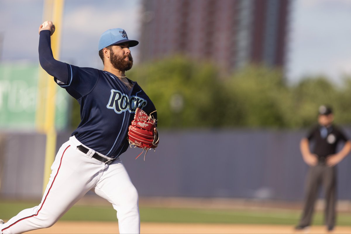 Jose Atencio fires a warm-up pitch. Following two rough starts, Atencio recorded a bounce-back performance against the Cyclones on Tuesday, Aug. 13. - Photo via @WilmBlueRocks on X