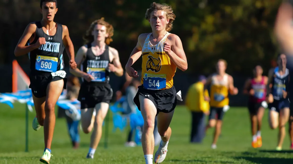 Cole Mylan sprints towards the finish line. Mylan finished in seventh at the meet. - Photo via Rowan Athletics