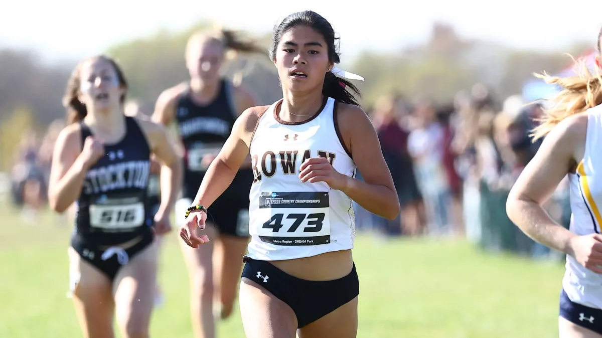 Gabriella Pagano sprints to the finish line. Pagano placed first out of all runners in the Stockton Invitational. - Photo via Rowan Athletics