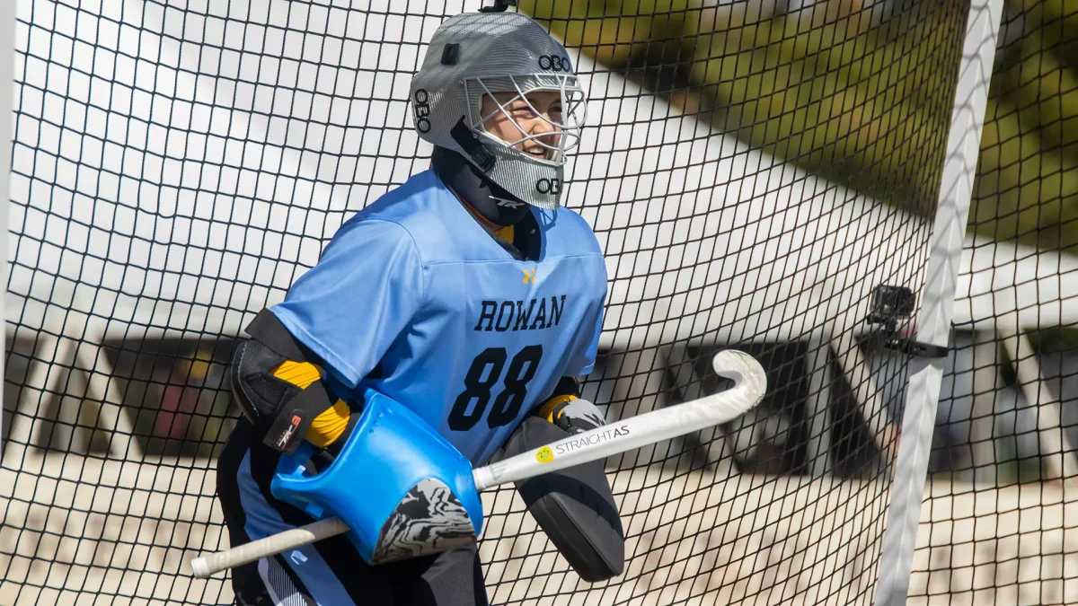 Mariah Juiliano scans the field. Juiliano recorded 10 saves in the win. - Photo via Rowan Athletics