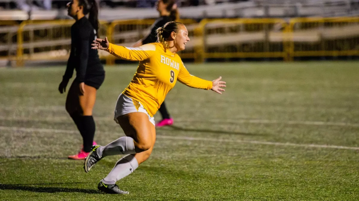 Mackenzie Clement celebrates after scoring. Clement recorded a hat trick in the win over Drew. - Photo / Rowan Athletics