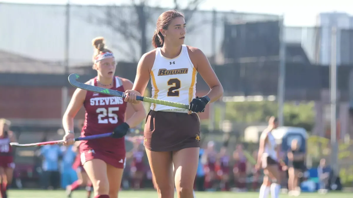 Allie Palumbo looks at a teammate. Palumbo tallied her 100th career point in Rowan's 2-1 victory over Salisbury. - Photo via Rowan Athletics