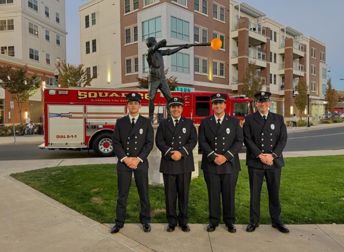 The newly appointed lieutenants and full-time firefighters pose for a picture at Glassboro Town Square. - Photo via @glassborofiredepartment on Facebook