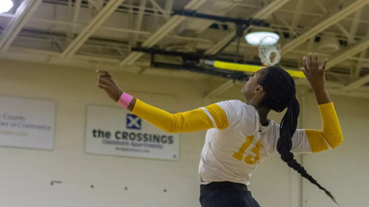 Jena Kaul goes up for a spike. Kaul recorded 11 kills in the match against SUNY Canton. - Photo via Rowan Athletics