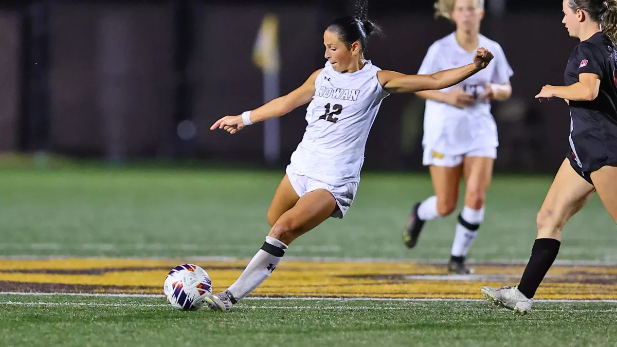 Lianna SanFelice loads up for a kick. SanFelice scored her first goal of the season against Rutgers-Newark. - Photo via Rowan Athletics