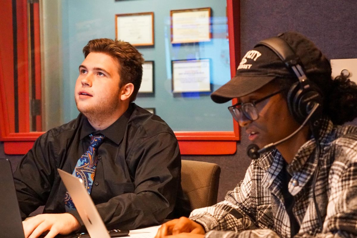 Doughtery (left) and Thorpe (right) during Rowan Radio's election night special. - Photography Editor / Gavin Schweiger