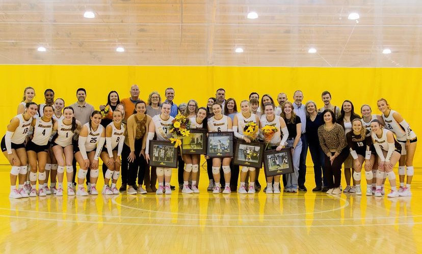 Rowan volleyball celebrates its seniors prior to the Profs' match against Lebanon Valley. - Photo via @rowanvolleyball on Instagram