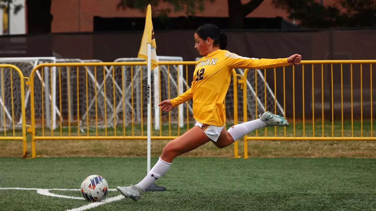 Lianna SanFelice kicks a corner. SanFelice scored the Profs' lone goal in the loss. - Photo via Rowan Athletics