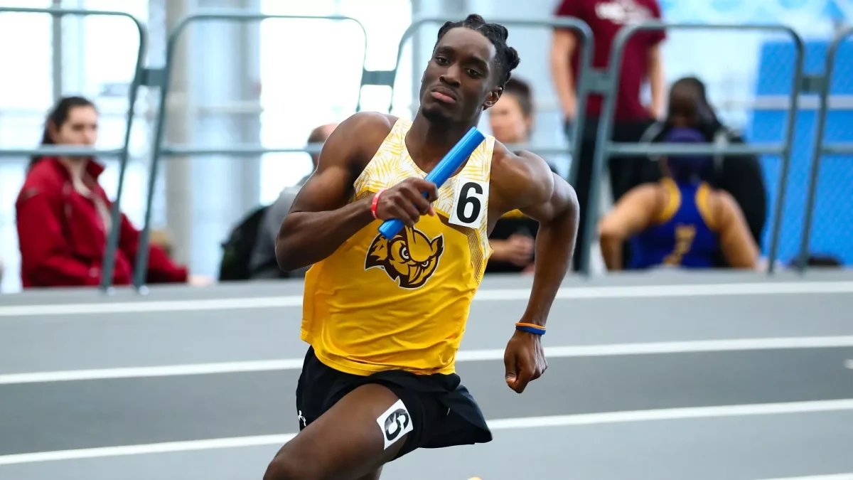 Kwaku Nkrumah races towards the finish line. The junior is looking to build off his 2023-24 All-NJAC Second Team season. - Photo via Rowan Athletics