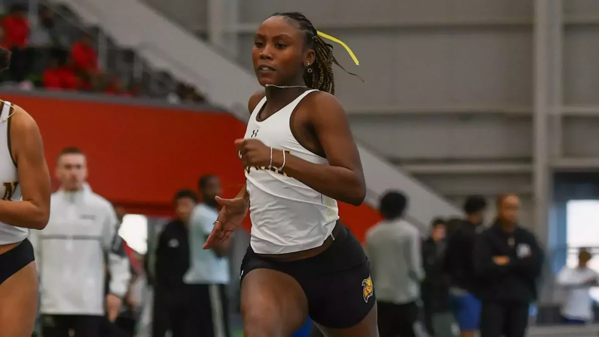 Kayla Julien runs in a race. The sophomore set a season-high in the 200 meter at the Valentine Invitational. - Photo via Rowan Athletics