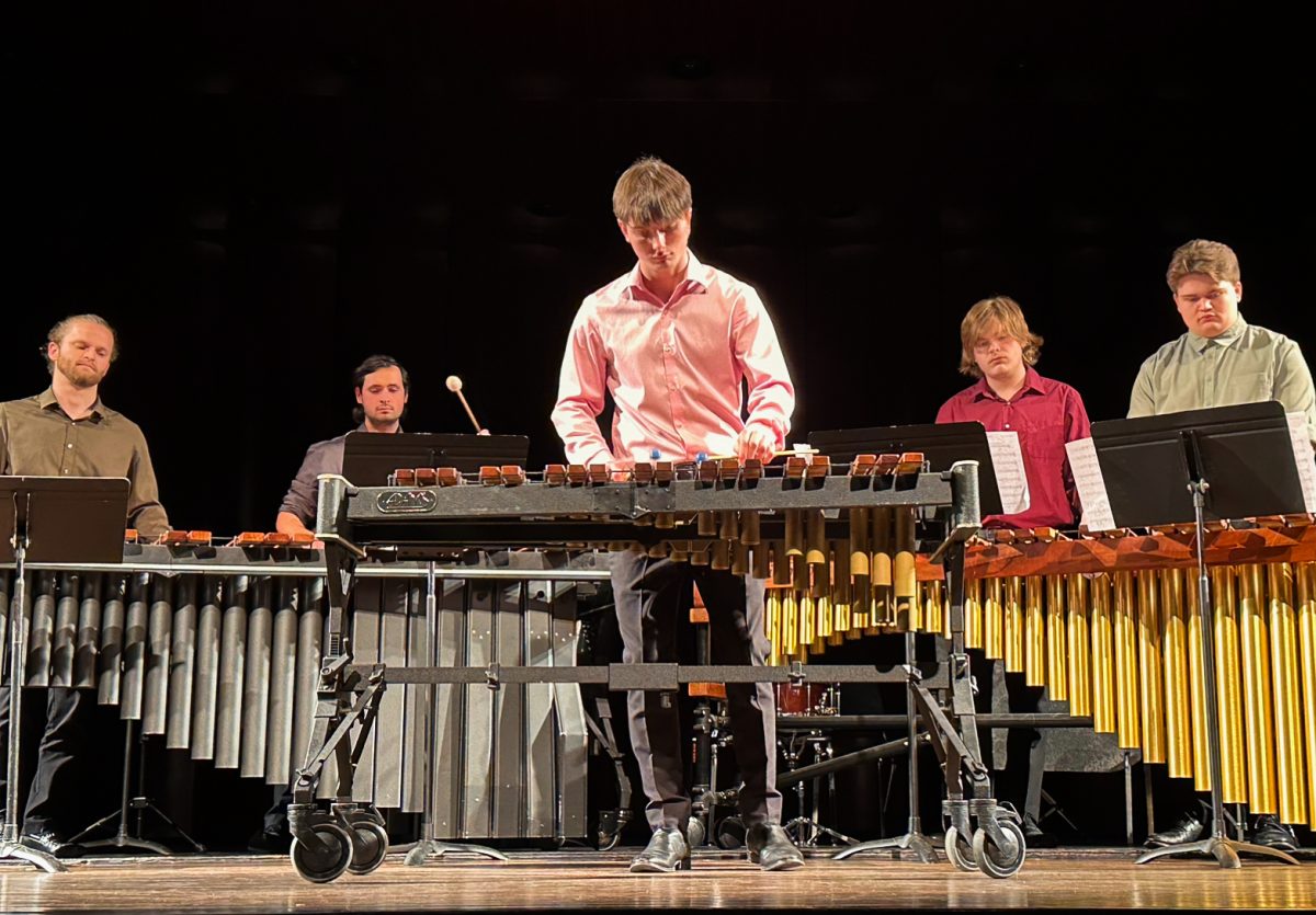 Percussion Ensemble on stage at Pfleeger Concert Hall. - Staff Photographer / Hayden Fugee 