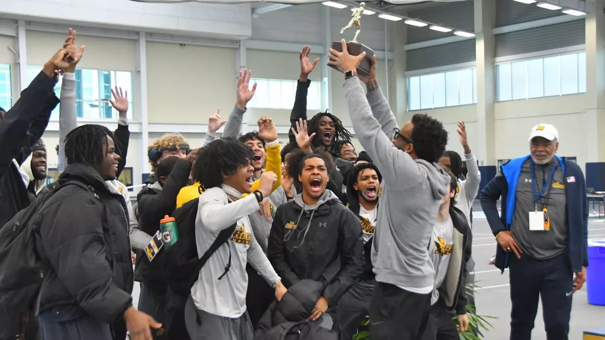 The team celebrates their AARTFC title. It marks the sixth one in franchise history. - Photo via Rowan Athletics