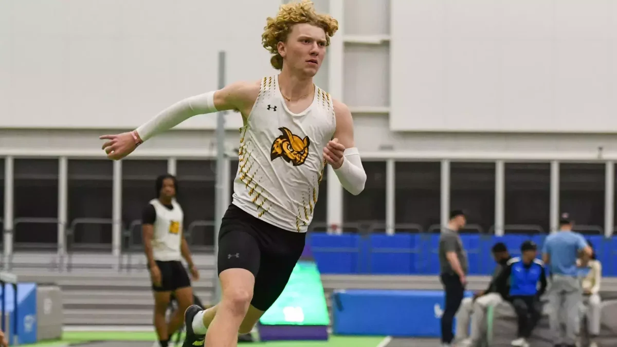 Noah Wampole sprints towards the finish line. Wampole placed first in the high jump event at the FastTrack Last Chance Invite. - Photo via Rowan Athletics