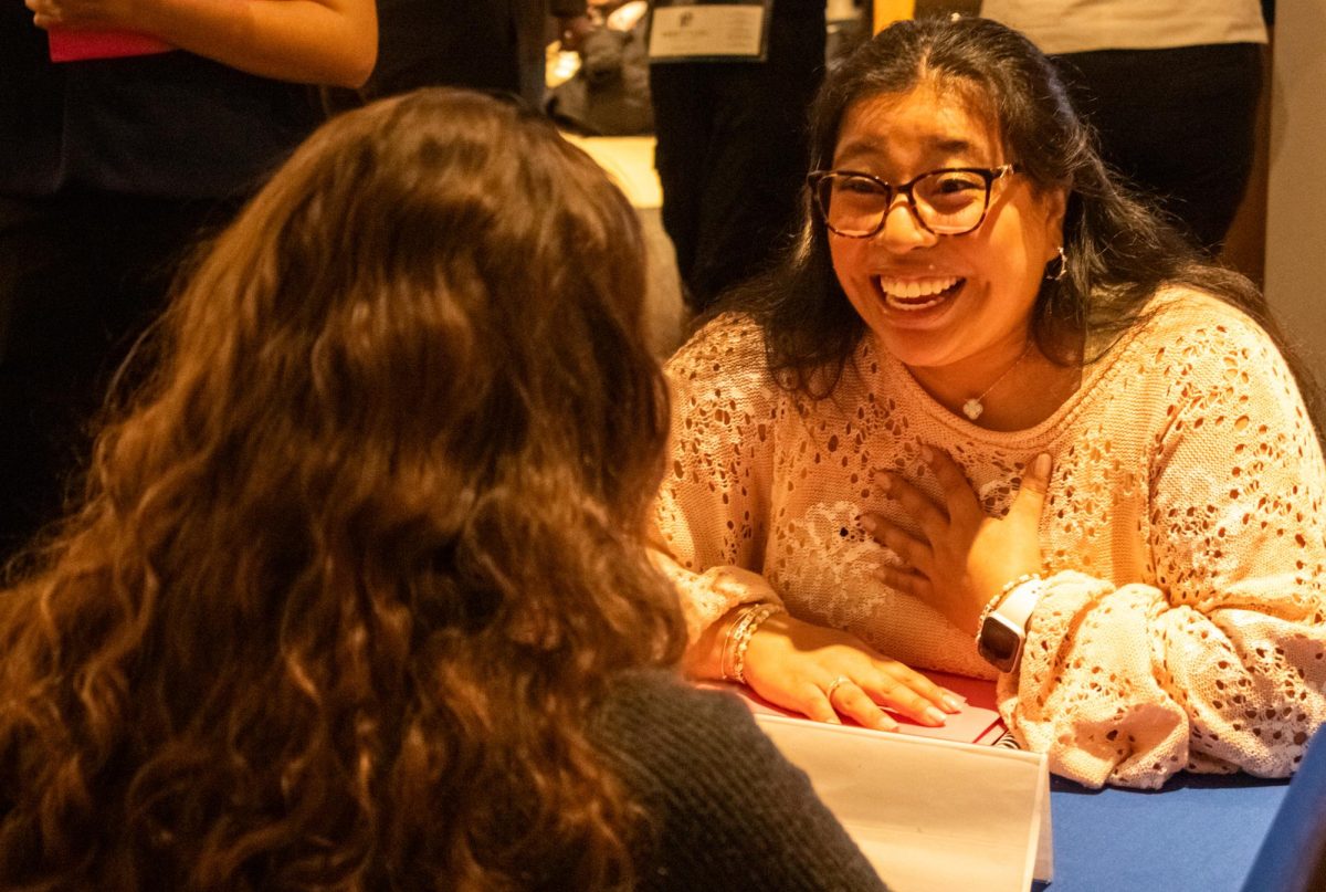 Alicia King, 23, a public relations major speaks with Mia Nardone, a development strategist for Ed Snider Youth Hockey and Education at the Public Relations Student Society of America (PRSSA) Speed Networking Event. Glassboro, NJ. March 5, 2025. - Staff Writer / Michael Bautista