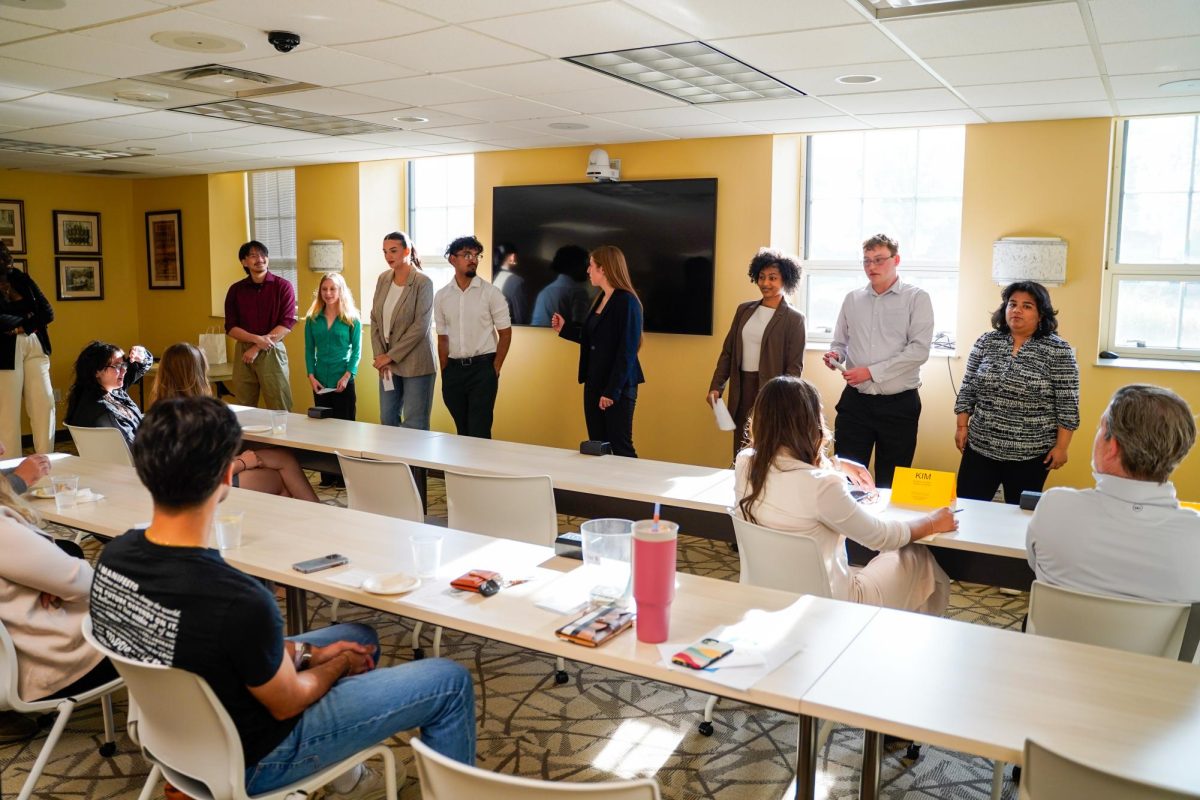 Finalists from left, Allen Zhao, Ellie Wisniewski, Lena Sterling, Affan Rahman, Sarah Little, Nyasia Jenkins, Nicholas Fienemann, and Medha Dabral wait for the competition to begin in the Lilian Lodge Kopenhaver Center for Alumni Engagement. Glassboro, NJ. Thursday, April 24, 2025. - Photography Editor / Gavin Schweiger