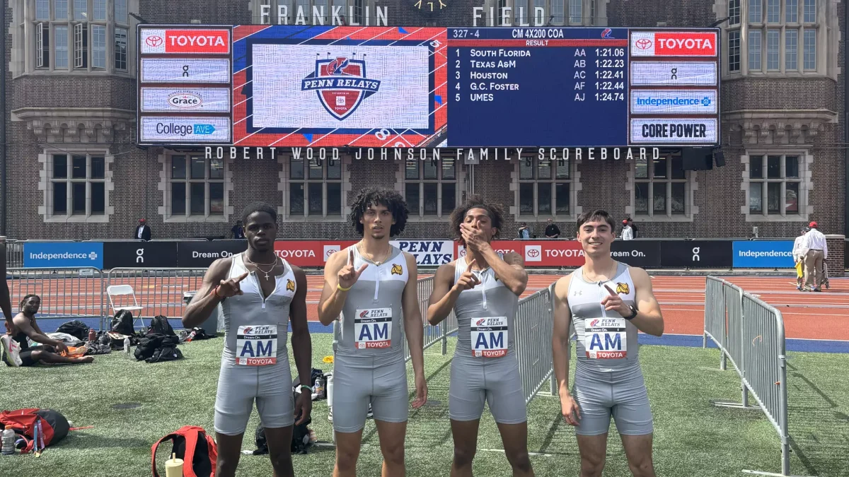 From left to right, Rajahn Dixon, Julian Conigliaro, Elijah Hendricks, and Robert McKinney celebrate their 4x200 win at The Penn Relays. The foursome beat the Division III outdoor record in that event. - Photo via Rowan Athletics