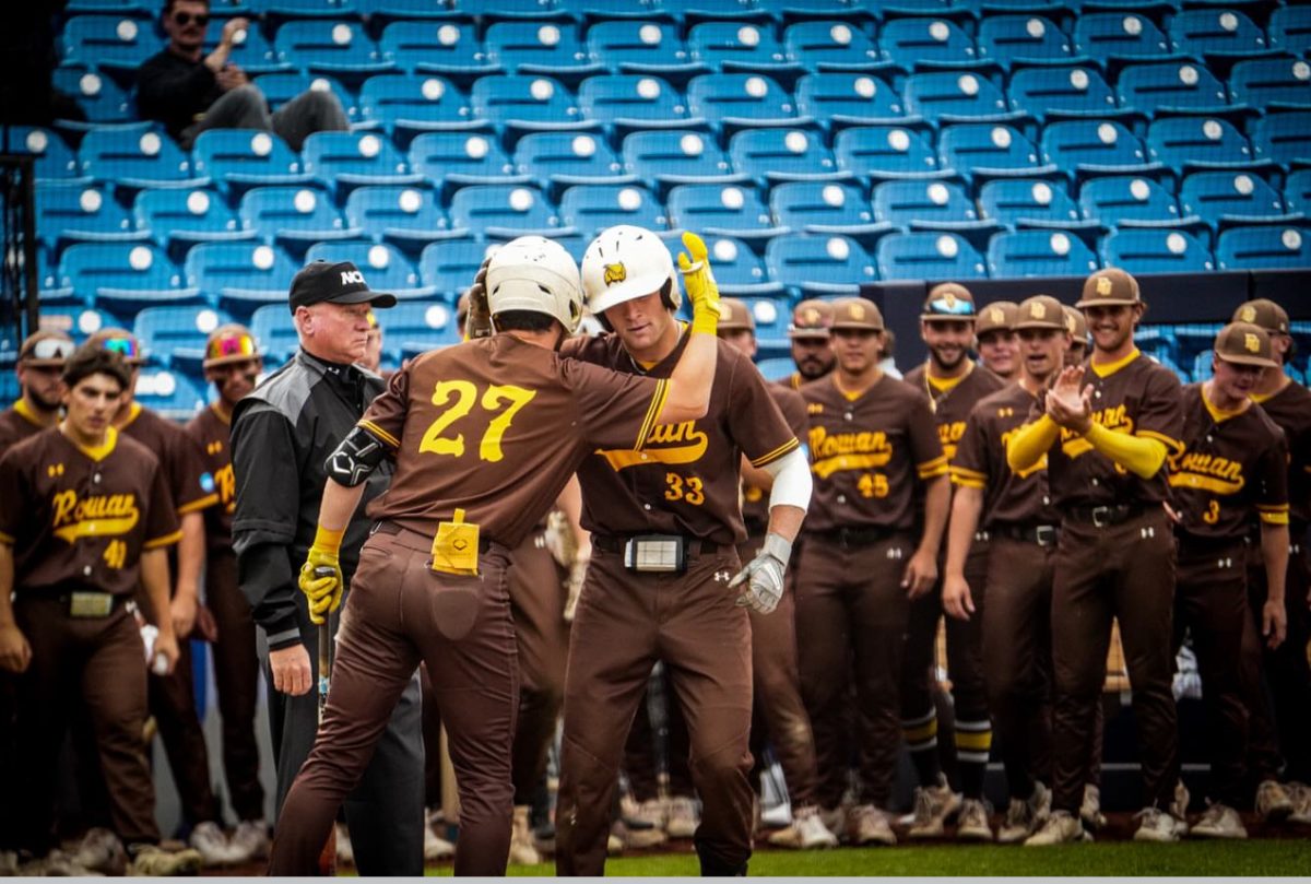 Brayden Davis (right) celebrates after his home run with Eric Sabato (left). Eastlake, Ohio. Friday, May 30, 2025. - Photo via Rowan Athletics