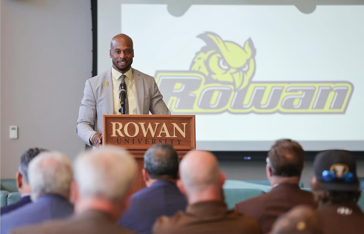 Shawn Tucker addresses the crowd at his introductory press conference. Glassboro, NJ. Tuesday, May 19, 2025. - Photo via Rowan Athletics